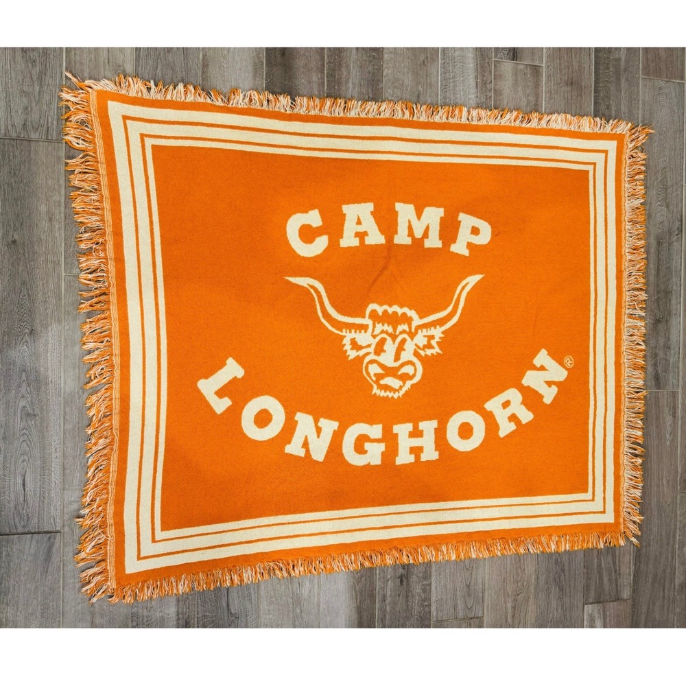 Camp Longhorn Woven Fringe Throw Blanket Texas Longhorn Logo Orange 48x60 Retro